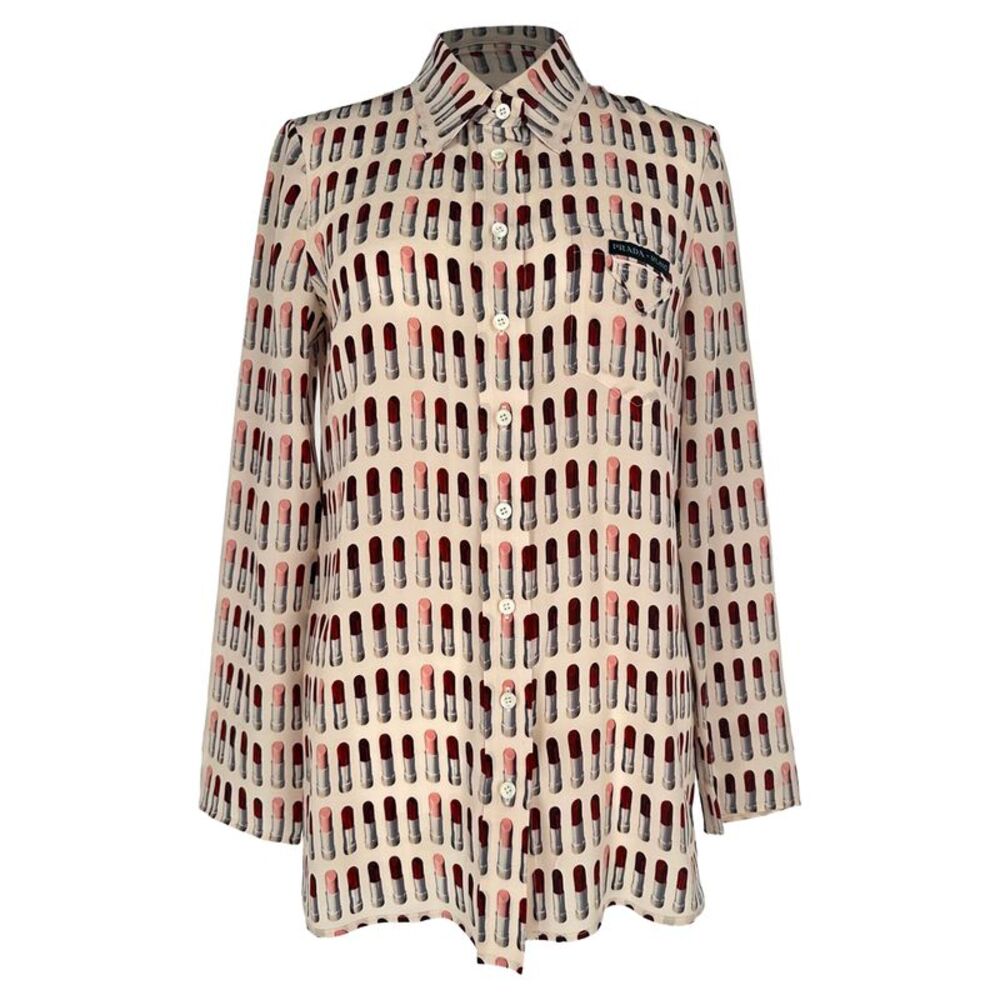 Prada Lipstick-Print Button-Down Shirt in Multicolor Silk